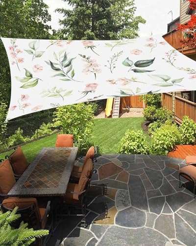 Boanket Sun Shade Sail 8' x 10', Spring Floral Rectangular Waterproof Outdoor Sun Shades, Pink Summer Flower Green Botanical Vintage Herb Shade Cloth for Patio Deck Terrace Garden Lawns Beach Backyard