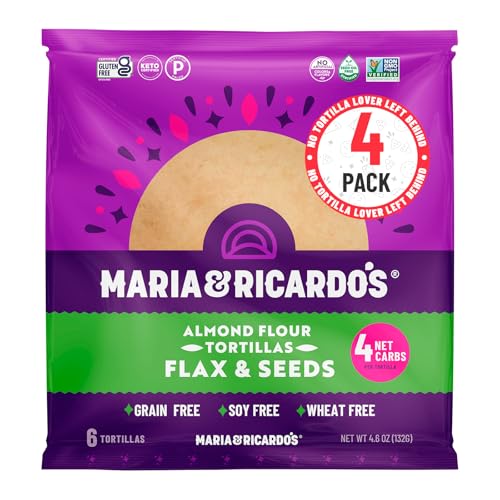 Maria &amp; Ricardo's KETO Tortillas | Almond Flax &amp; Seeds | Low Carb | Grain Free | Paleo | Non GMO | Vegan | Gluten Free | KETO Certified Tortilla Wraps. (4 Pack, 6 Tortillas per Pack) 5.5" aprox
