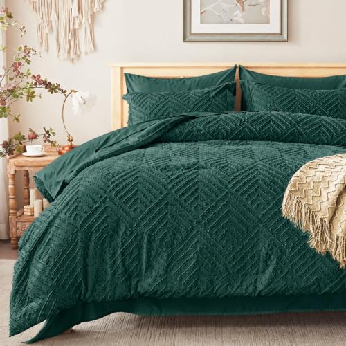 Image of Zzlpp Full Comforter Set 7 Pieces, Dark Green Tufted Bed in a Bag with Comforter and Sheets, All Season Boho Bedding Sets with Comforter, 2 Pillow Shams, 2 Pillowcases, 1 Flat Sheet, 1 Fitted Sheet
