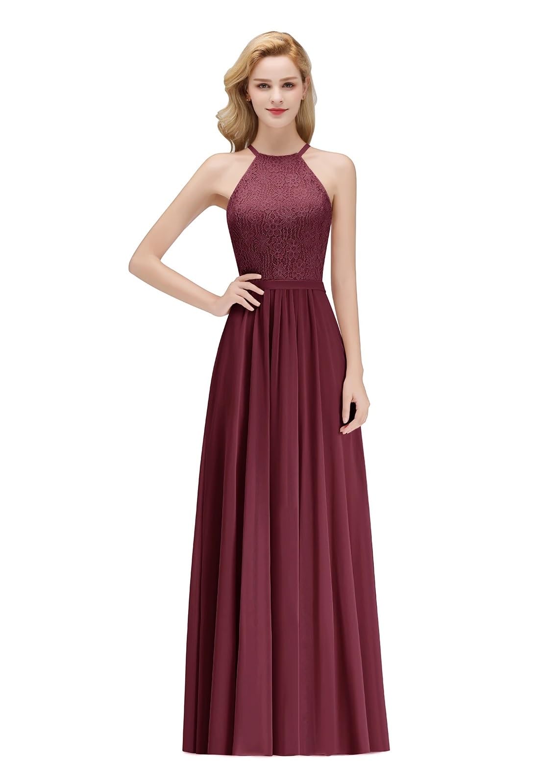 Abito da Sposa in Chiffon a Trapezio, for invitati, Sexy, con Scollo all'Americana, Senza Maniche, Applicazioni in Pizzo Floreale, Abito Sera(Burgundy,10)