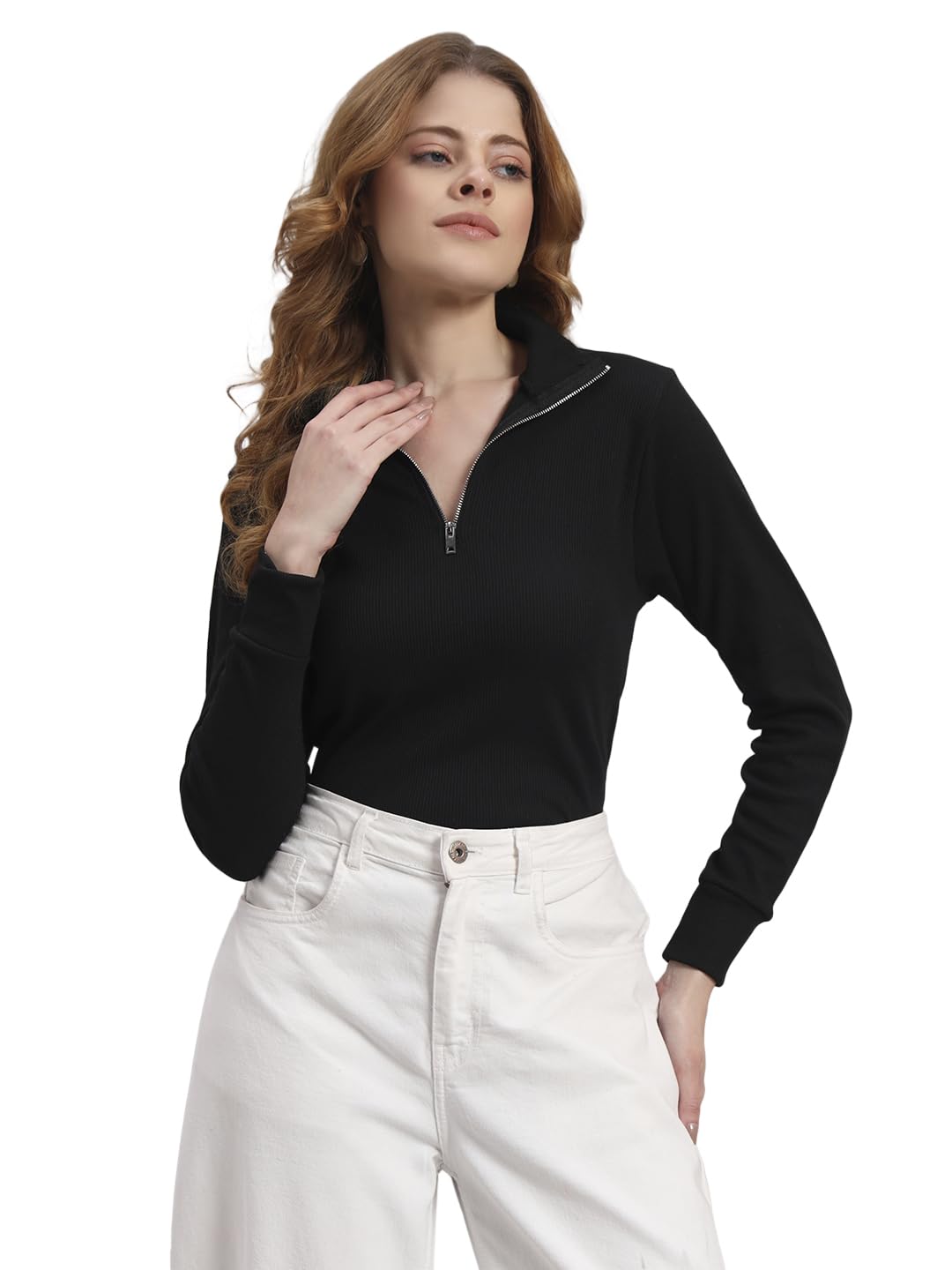 "Women’s Winter Wear Half Zip High Neck Sweatshirt| Full Sleeve Ribbed Top for Casual & Stylish Outfits...