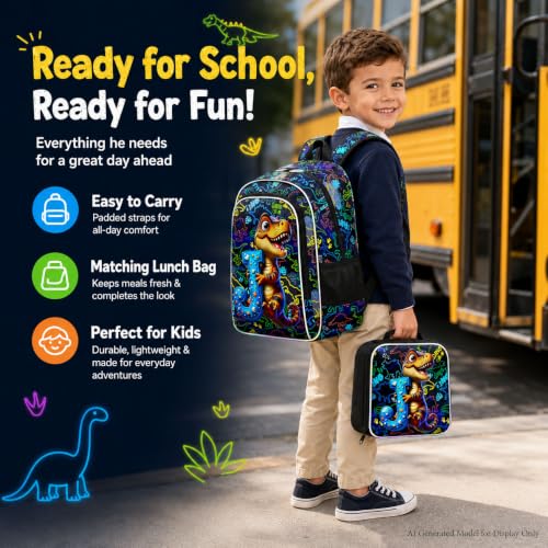 Image of HPJGD 3PCS Dinosaur Bookbag for Boys, Water Resistant Kids Backpack Set with Lunch Box, Cool School Bag for Preschool Toddler - Dinosaur Holding Letter J