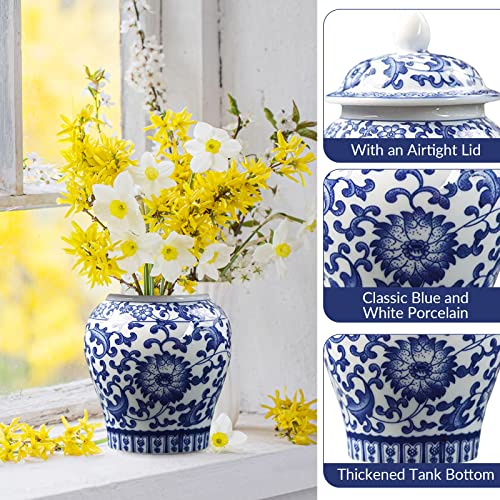 ?????? Chinese Style Blue White Porcelain Decorative Ginger Jar Tea Storage Jar with Lid Floral Arrangement with Fine Glaze Finish Multi Purpose