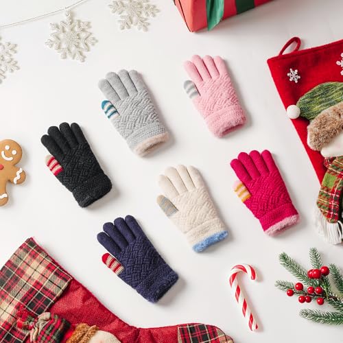 Image of Winter Gloves for Boys Girls - Kids Warm Knit Thermal Cable Knitted Gloves Wool Fleece Lined Mittens for Cold Weather