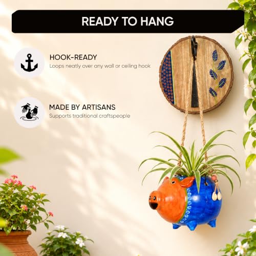 Image of AAKRITI ART CREATIONS Wall Hanging Planter with Hook | Blue Pig Design on Round Hook, Modern Art, Matte Finish | Metal, Terracotta & Wood | Decorative Hanging Pot for Indoor & Outdoor Home Decor