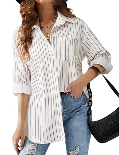 HOTOUCH Women Button Down Striped Shirts Drop Shoulder Blouse Long Sleeve Oversized Shirt with Pocket