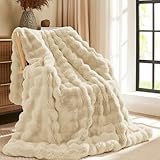 L'AGRATY Faux Rabbit Fur Blanket: 50' x 60' Luxury Soft Fluffy Thick Fur Throw Blanket for Couch Bed Sofa - Cozy Plush Bubble Blankets for Winter: Warm Flannel Fleece Decorative Blanket(Almond White)