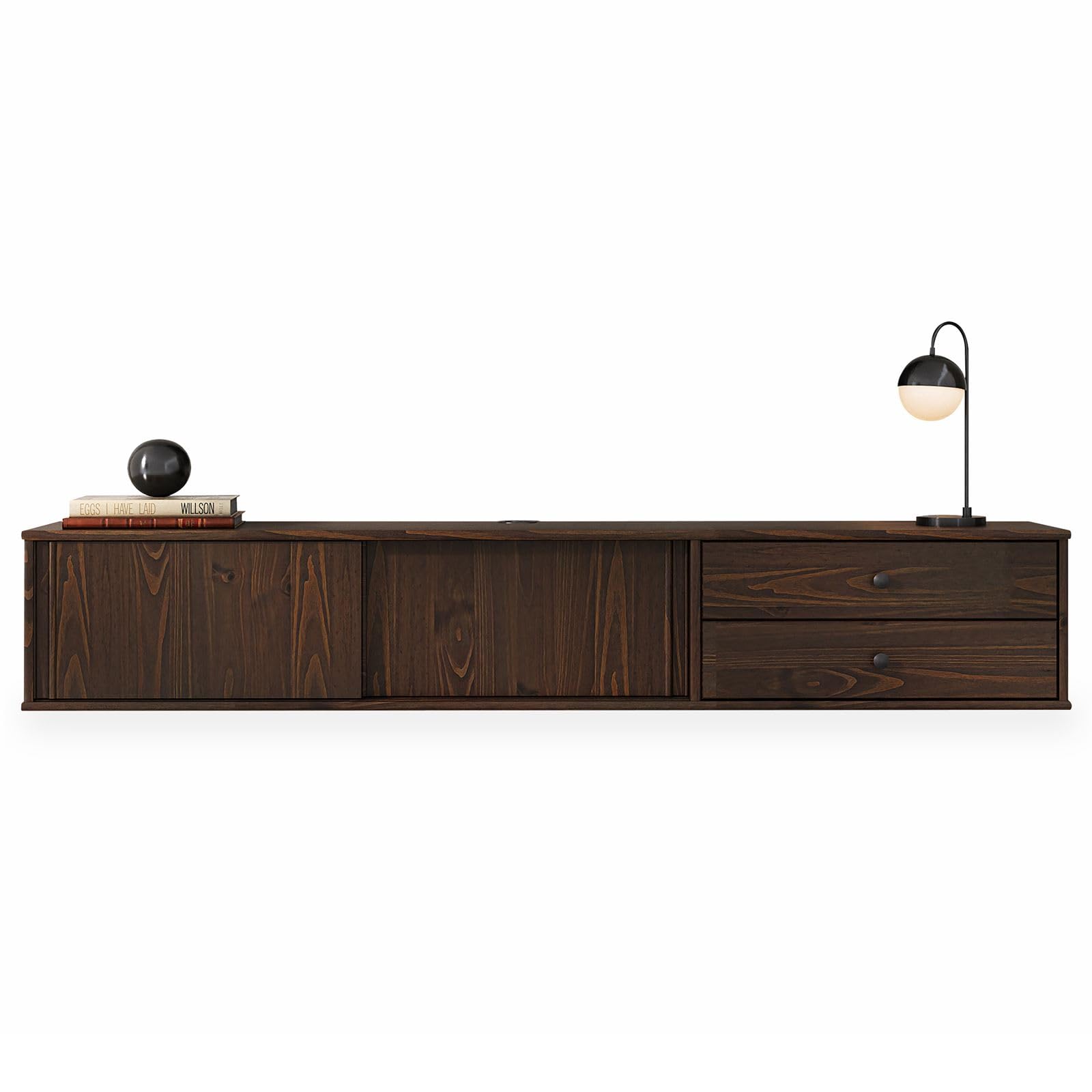 IDIMEX Lowboard Simona 175 cm hängend aus Massivholz, Nussbaum Finish - TV Schrank mit 2 Schiebetüren und Schubladen, Wohnzimmermöbel im Mid Century Style, ideal als TV Board.