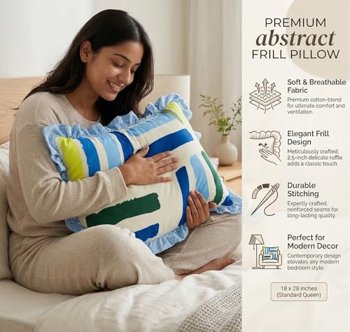 Image of VAS COLLECTIONS Cotton Pillow Covers Set of 2 (18x28 Inch) Rectangular Throw Pillow Cases with Frill Border, Envelope Closure Cushion Covers for Living Room, Bedroom & Diwan (Modern Coastal)