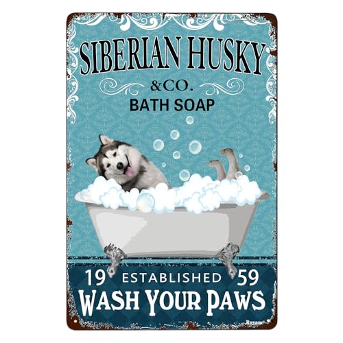 Letreros de metal para baño con diseño de husky siberiano, estilo vintage, para decoración de pared de baño, estilo vintage, para decoración de pared de baño, 8 x 12 pulgadas