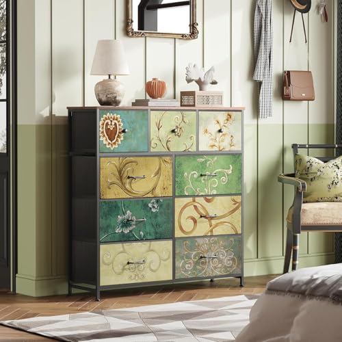 Cajonera de 9 cajones para dormitorio, aparador, armario industrial, bandeja de madera, marco de metal, cajones de tela, para sala de estar, habitación infantil, pasillo, rústica