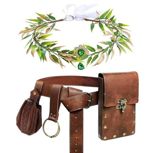 Gionforsy Renaissance Costume Accessories Medieval Belt Headband Viking Cosplay Accessories for Ren Faire Halloween Party (Gold Green Set)