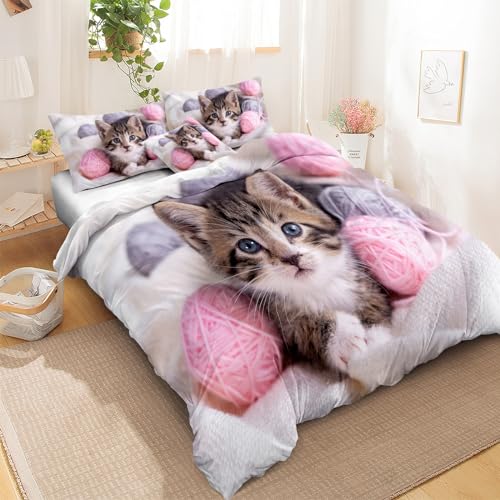 Merryword Cartoon Cat Duvet Cover Set King Size 3 Pieces Bedding Cute Pink for Kids Girls Lovely Pet Kitten Pattern Animal Duvet Cover Set Pet Festival Gifts Bedding