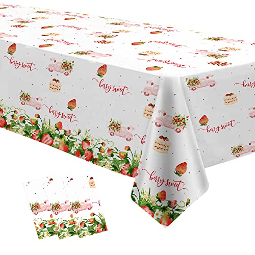 Image of Xigejob Strawberry Party Tablecloth Decorations, Disposable Summer Fruit Berry Sweet Theme Strawberry Table Cover for Birthday Baby Shower,3 Pack, 54in x 108in