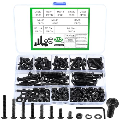 Tornillos M6, 232 Pcs Tornillos y Tuercas y Arandelas Kit, Tornillos de Cabeza Hueca Hexagonales, Tornillería Tornillos de Cabeza Cilíndrica con Tuercas Negros, Tornillos de Cabeza Allen(M6)