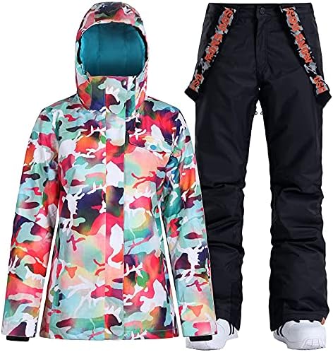 IMPHUT Women's Ski Jackets and Pants Snowboarding Snowsuit Coat Warm Hooded Waterproof Windproof Insulated Camouflage Black L