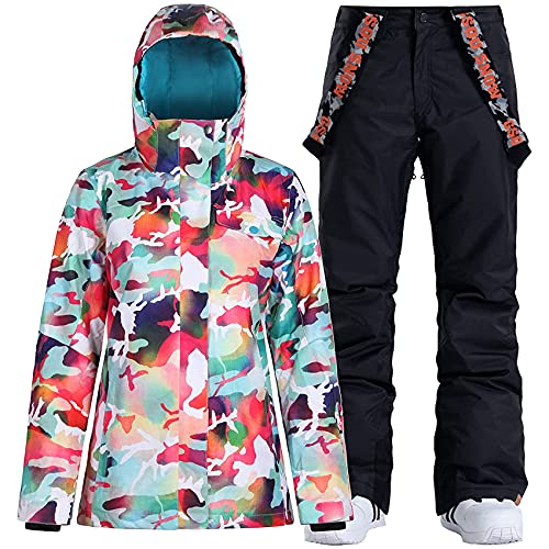 Imphut Women's Ski Jackets And Pants Snowboarding Snowsuit Coat Warm Hooded Waterproof Windproof Insulated Camouflage Black L #TOP1