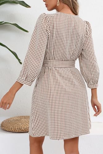 Ladyful Womens Gingham Dress Crewneck 3/4 Puff Sleeve Belted Shirt Dress Plaid Work Short Dresses with Hidden Button3