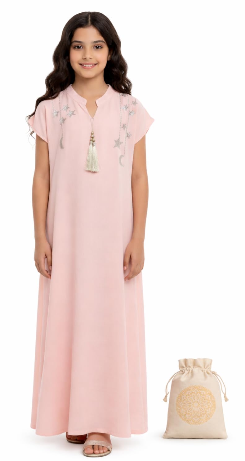 Girls Ramadan & Eid Festive Maxi Dress - Elegant Embroidery Jalabiya - Traditional Modest Wear for Kids - Includes Reusable Premium Gift Bag - Peach - 125 cm Length, 90 cm Chest