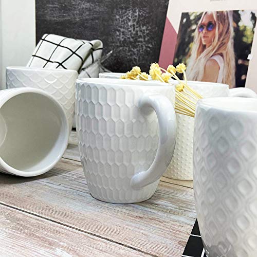 Schliersee White Ceramic Coffee Mugs set of 6, Stylish Embossed Coffee Cups Set with Different Patterns, for Coffee, Tea, Milk, Cocoa, Cereal (13.5 Ounce)
