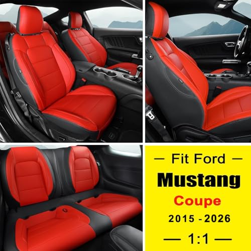 Image of GIANT PANDA Customized Full Set Car Seat Covers Fit Ford Mustang Coupe Hardtop 2015 2016 2017 2018 2019 2020 2021 2022 2023 2024 2025 2026- (Black+Red)