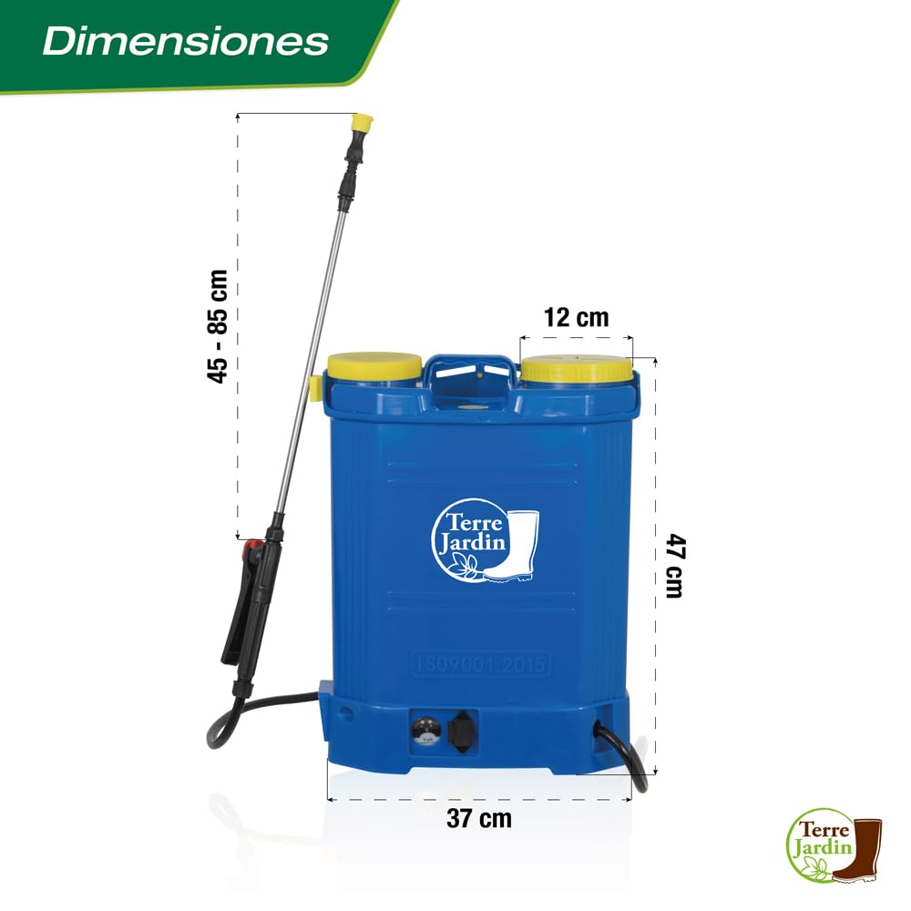 TERRE JARDIN Pulverizador Eléctrico Recargable 16L - Pulverizador de Jardín de Mochila a Batería 12V con Lanza Telescópica y 4 Boquillas - Pulverizador para Techos, Plantas y Desherbado