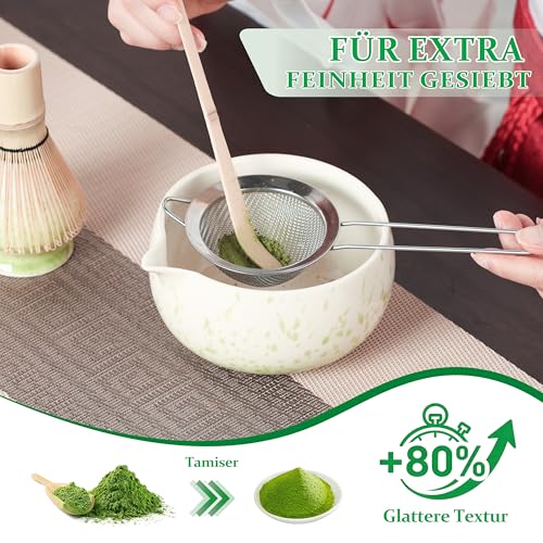 Matesen Matcha Set Beige Grün, 5-teiliges Matcha Besen Set,Premium Starter Set für Anfänger, Matcha Tee Set mit Sieb Chawan und Besen… – Ansicht 3