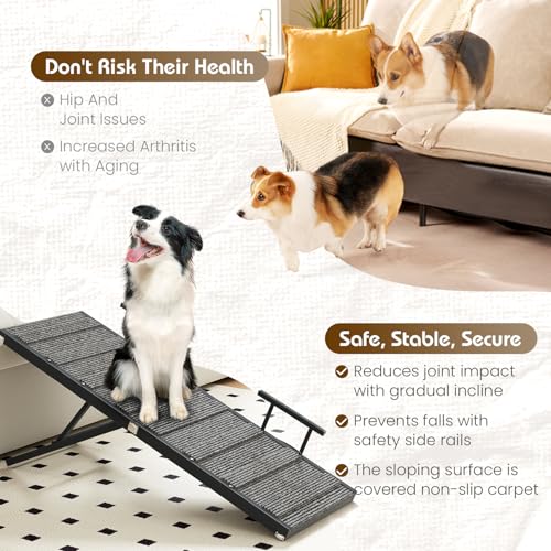 Image of Dog Ramp for Car, Pet Ramp for Adjustable Hight, Folding Dog Ramps for Large Dogs, Dog Ramp for Bed with Anti-Slip Carpet and Safety Rails, Dog Ramps for Indoor Sofa Bed, Black