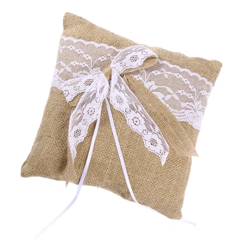 jojofuny Cuscino Portafedi Nuziali in Tela Di Iuta Con Fiocco in Pizzo Floreale Ricamato 20x20 Cm Stile Rustico Shabby Per Cerimonia Matrimonio e Decorazione Elegante