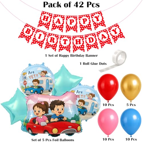 Image of Rozi Decoration Car Theme Birthday Decoration Kit for Kids with Foil Balloons, Happy Birthday Banner, Metallic & Pastel Balloons, Glue Dots for Birthday Party Decoration Pack of 42