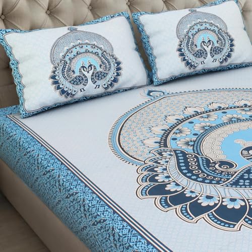 Image of JAIPUR PRINTS 100% Cotton Bedsheet for Double Size Bed Rajasthani Jaipuri Printed with 2 Pillow Covers 90x100 inch 235x215 cm (Blue)