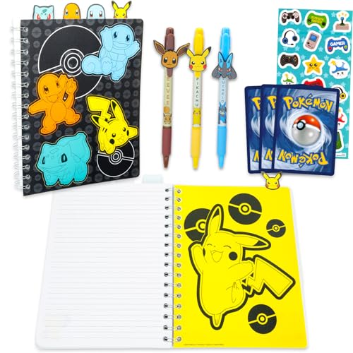 Pokemon Journal with Pens Set - Bundle with Pikachu Spiral Notebook with Divider Tabs Plus 3 Pens, Trading Cards, Stickers for Kids | Pokemon Journal Set