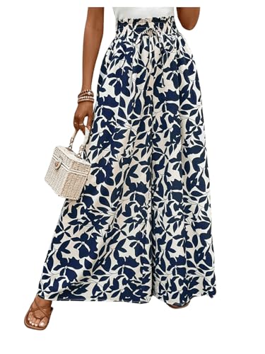 MakeMeChic Women's Floral Wide Leg Trousers Elastic High Waist Frill Trim Loose Long Palazzo Pants