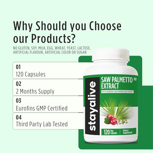 Image of STAY ALIVE Saw Palmetto Extract Capsules w /Cranberry & Pumpkin Seed Oil, 120 Vegan Pills, Extra Strength Saw Palmetto for Men and Women, Non-GMO, Gluten-Free Pumpkin Seed Supplement
