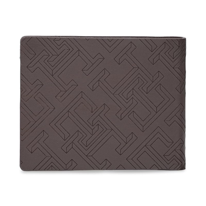 Image of Tommy Hilfiger Men's Leather Wallet Tavros | Brown Laser-Detailed Slimfold Bi-Fold with 8 Card Slots, Coin Pocket | Stylish Purse for Gents