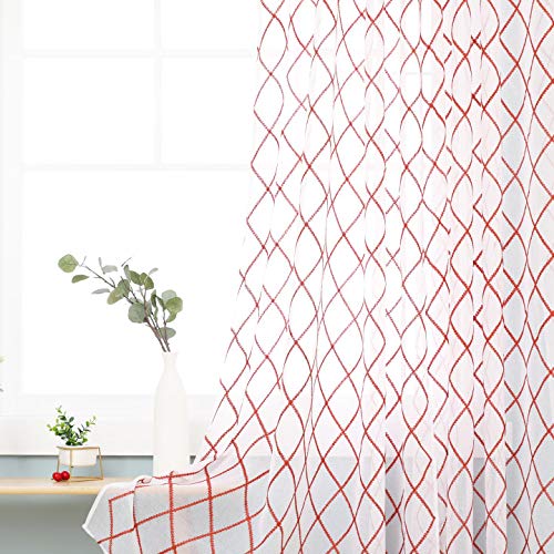 Deconovo Eyelet Diamond Embroidery Voile Curtains Decorative Net Curtains Semi Transparent Voile Net Curtains 55 x 90 Drop Inch Orange Set of 2 — image 1