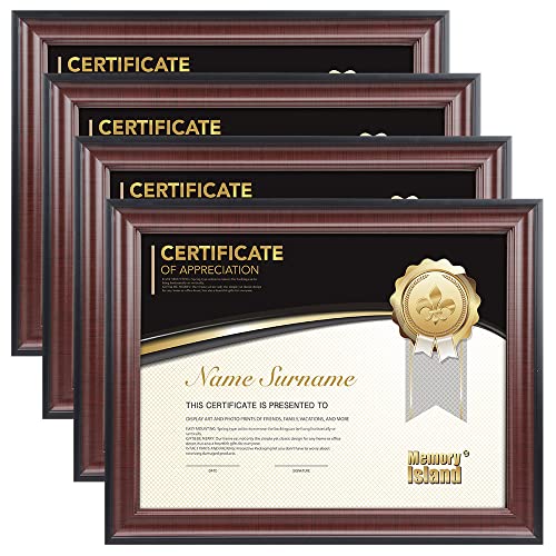 Memory Island 8.5x11 Document frames,Real Glass Fronts, 4 Pack Certificate Frames for Wall Or Tabletop Display,Diploma Frames For Degree Award,Cherry Wood Grain