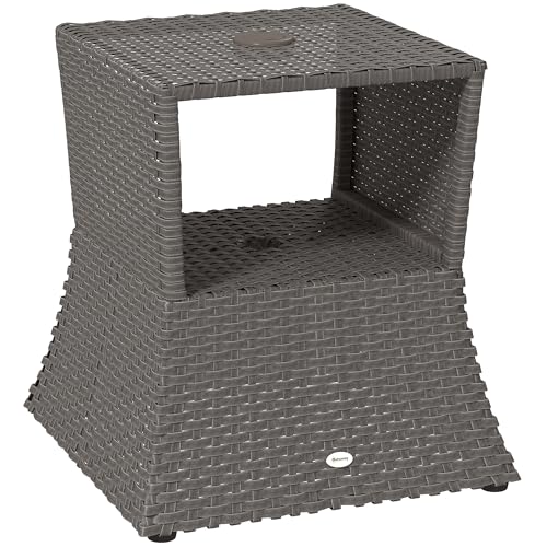 Table basse d'extérieur en rotin Outsunny, table d'appoint de jardin en osier avec trou pour parasol et espace de rangement pour balcon, porche, gris foncé