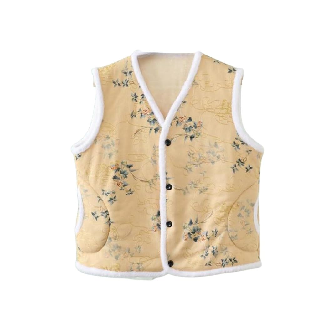Yonghongkeji Women's Yellow Fleece Gilet For ,Chinese Style Warmer Lightweight Gilets With Pockets Jacket Sleeveless Fit Vest Casual Outdoor Gilet Padded Waistcoat Winter,,L