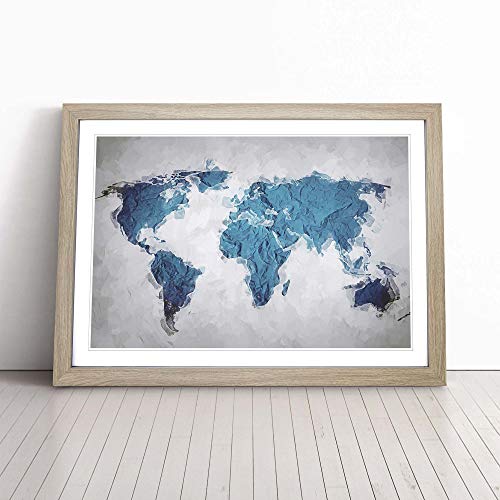 Image of Teal Blue Map of the World in Abstract Framed Wall Art Picture Print - Canvas Painting - Modern Home Décor Poster - Ready to Hang for Living Room Bedroom Kitchen - Oak A4 (27 x 36 cm)