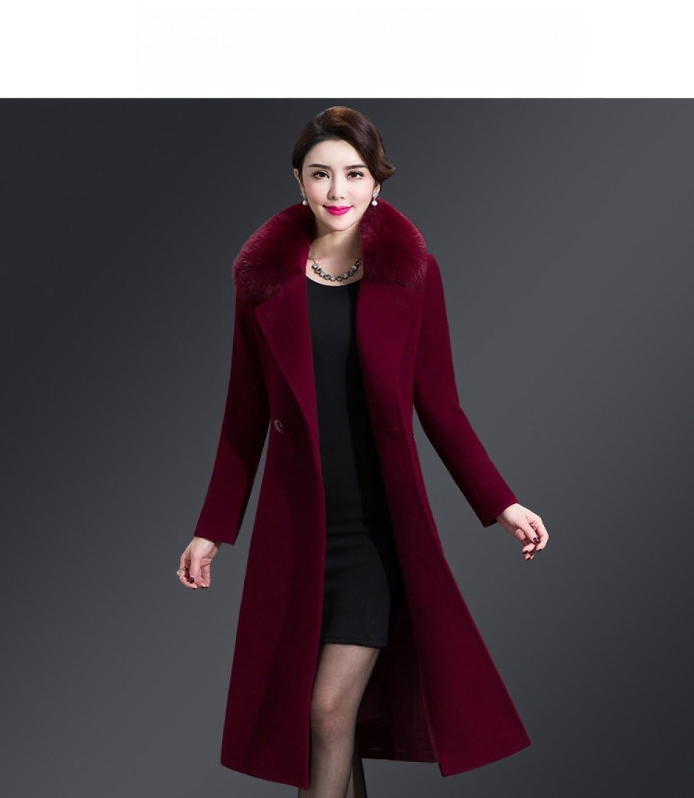 Trench Lungo da Donna Rosso Scuro Invernale in Misto Lana,Pelliccia Sintetica Bavero Colletto Dentellato Giacca Media Lunghezza Doppio Petto con Cintura,Manica Lunga Calda Autunnale Vestibi