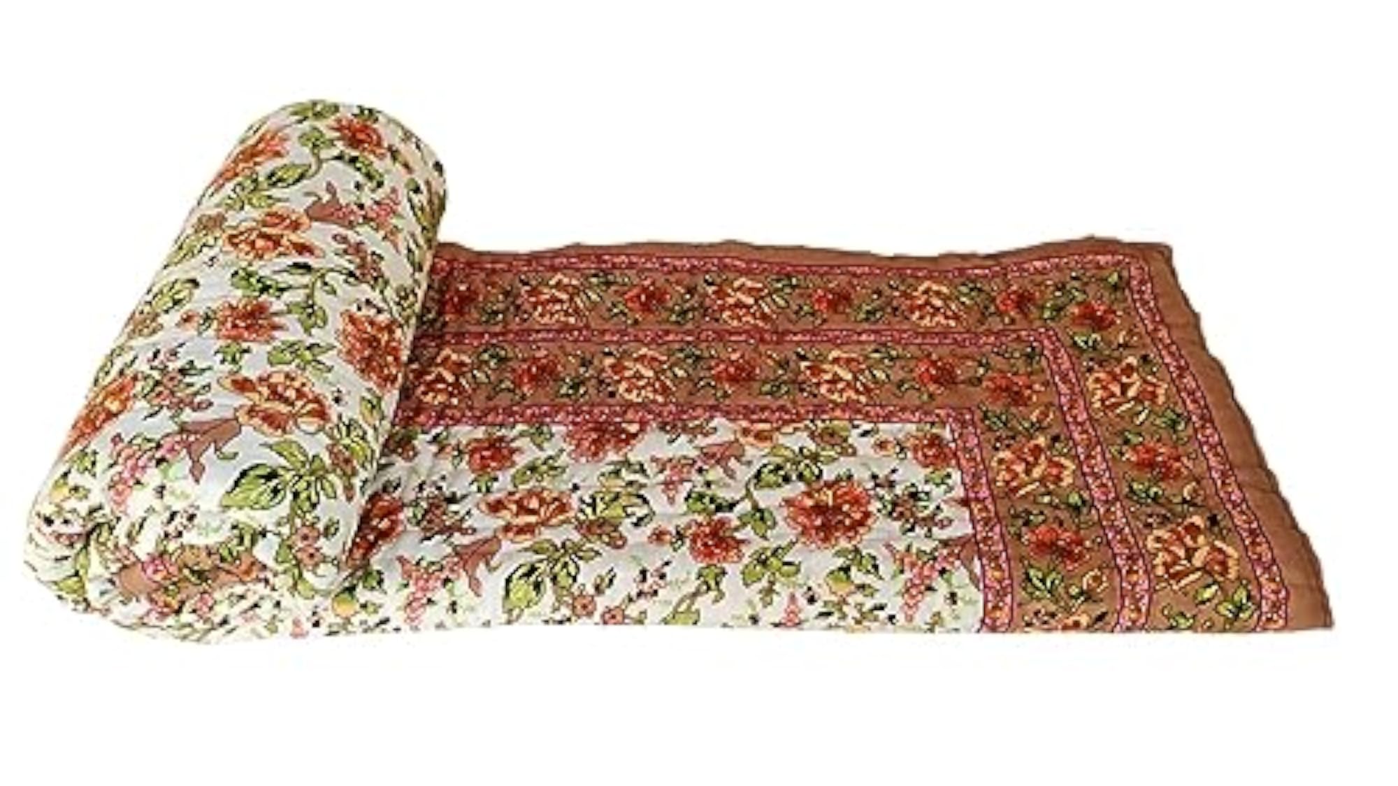 Jaipuri Hand Block Flower Printed Reversible Cotton Double Bed Quilt