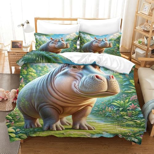 Housse de couette hippopotame en microfibre douce anti-plis avec taie