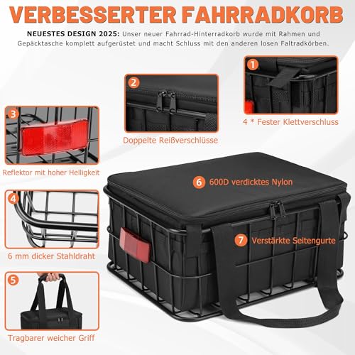 CDYWD Fahrradkorb Hinten für Herren & Damen, Groß Abnehmbar Fahrradkorb Gepäckträger mit Herausnehmbarer Innentasche, Hinten Fahrrad Korb Schulranzen für Ebike, Mountainbike, Citybike, Cruiser