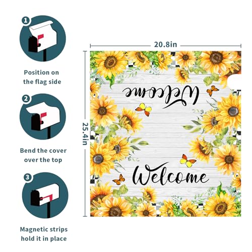 Image of Spring Summer Welcome Mailbox Cover Magnetic Standard Size 25.5 inchx21 inch Sunflower Butterfly Decorative Mailbox Covers Farmhouse Rustic Decor Post Letter Box Cover Wrap for Outside Spring Decoration