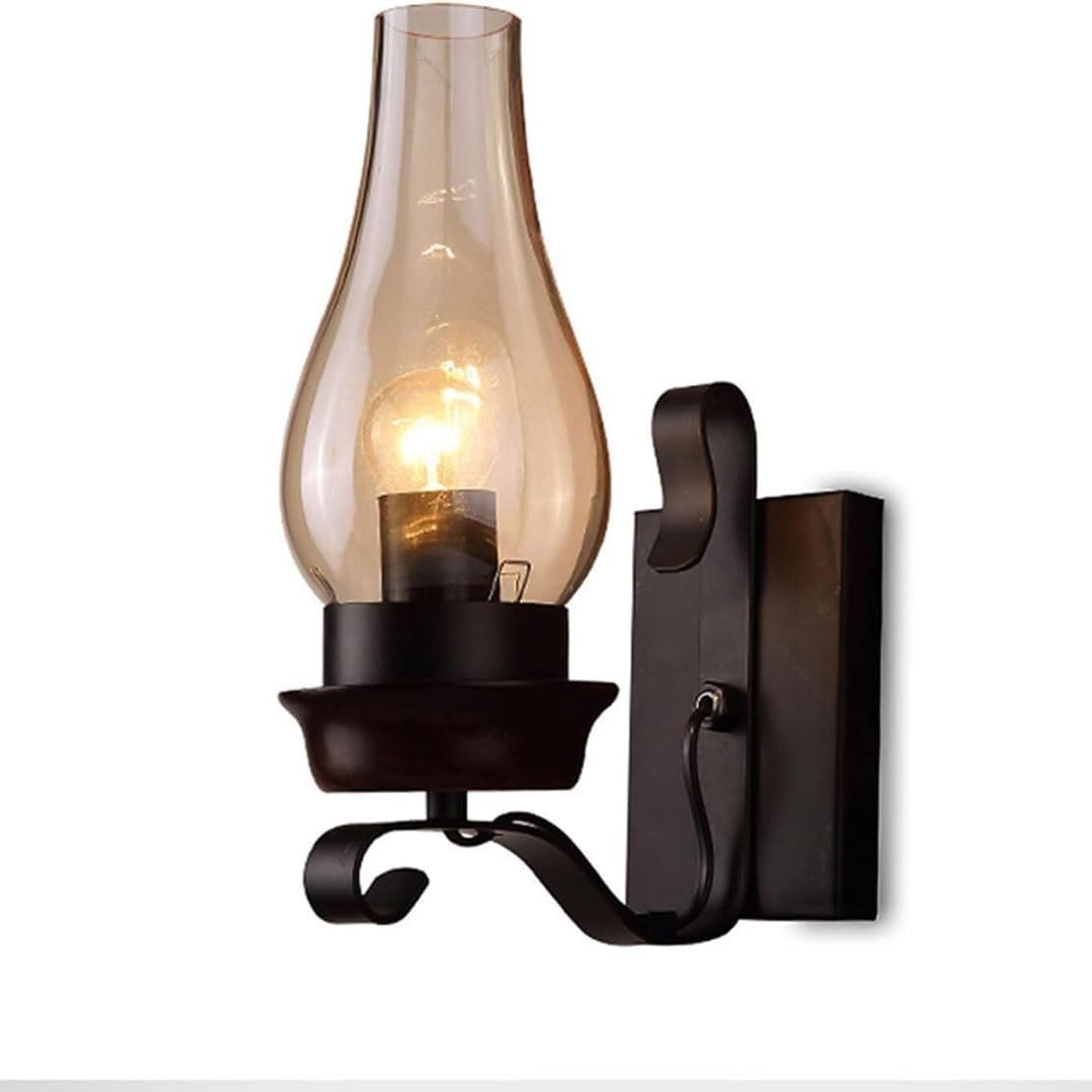 LUOYAOB Industrial Farmhouse Wall Sconce Rustic Lantern Wall Lamp with Amber Glass Shade Metal Wall Fixture E26 E27 for Bar Cafe Restaurant Bedroom Hallway Indoor Lighting