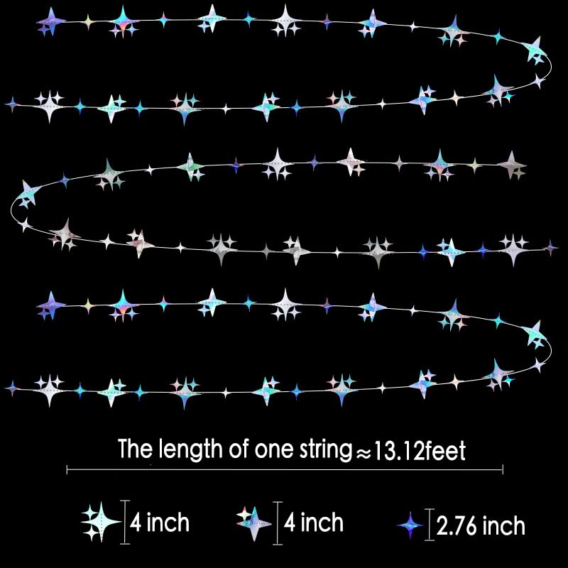 Image of Glitter Iridescent Four-Angle Star Paper Garland Banner Decor 40 Feet Iridescent Twinkle Star Hanging Bunting Banner Backdrop for Wedding Baby Shower Birthday Graduation Disco Party Decorations