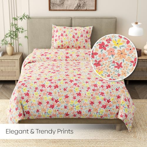 Image of Haus & Kinder Single Bedsheet for Single Bed with Pillow Cover Pure Cotton 186 TC | Soft & Silk Bedsheet for Single Bed |58 x 98 Inches - Sunlit Blossom Meadow