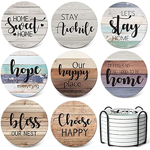 RayPard Absorbent Coasters Stone Coaster Set of 8, Cork Base, with Holder, Wood Look, Farmhouse Country Life Outdoor for Housewarming Apartment Kitchen Room Bar Décor, Rustic Style (Black Holder) Cover
