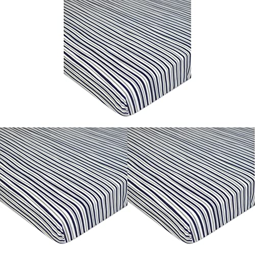 Image of American Baby Company Printed 100% Cotton Jersey Knit Fitted Portable /Mini-Crib Sheet for Boys and Girls, Navy Fun Stripe, 24 inchx38 inch(Pack of 3)